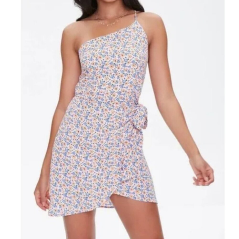 F21 White Ditsy Floral Thin Strap One Shoulder Wrap Tie Mini Dress
